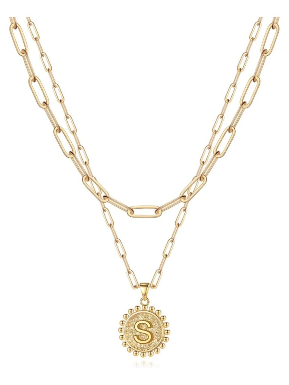 Layered Initial Necklace 14k Gold Plated Paperclip Chain